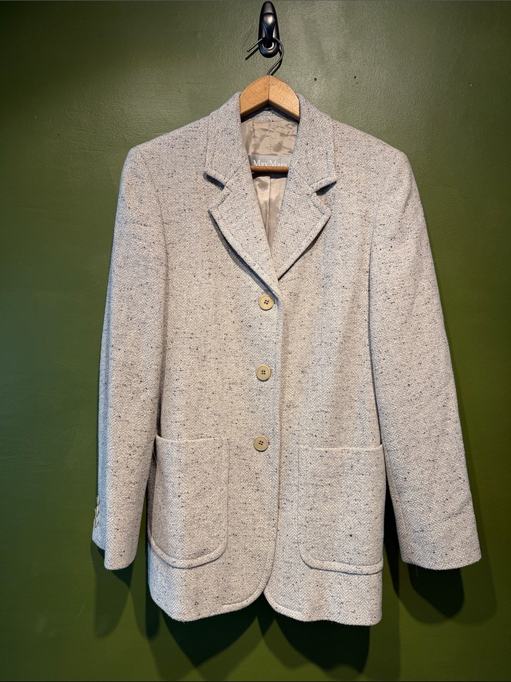 MaxMara Light Gray Tweed Wool and Silk Blend Blazer with Pockets